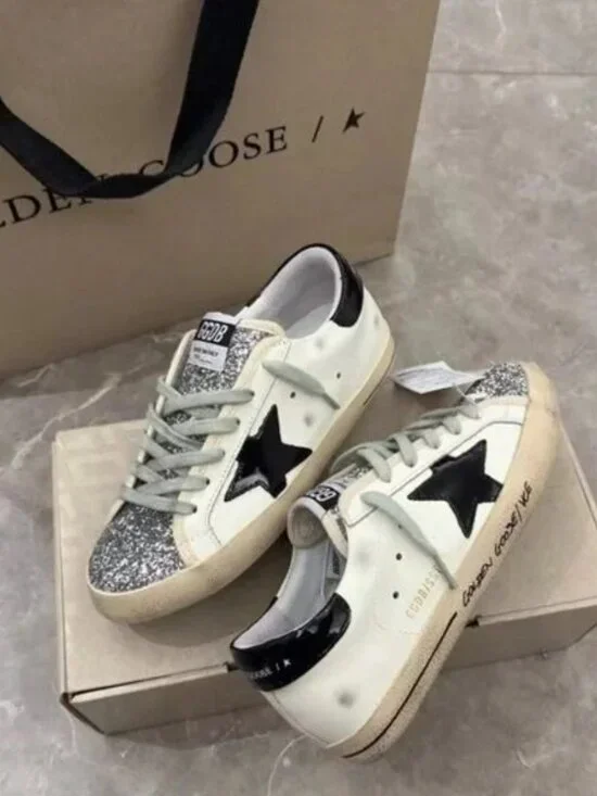 Golden Goose White Leather Sneakers with Black Star & Glitter Toe - Picture 6 of 8